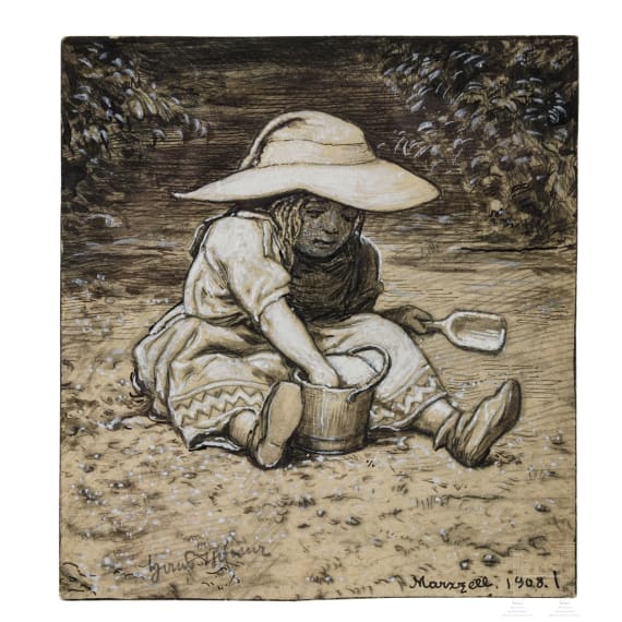 Thoma, Hans: "Spielendes M&auml;dchen", Federzeichnung; 1908