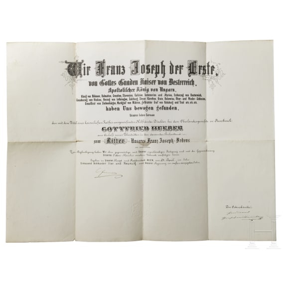 Imperial Austrian Order of Franz Joseph - a large document of appointment as Knight for the Imperial Councillor Gottfried Hueber, dated 1894