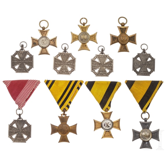 Five troop crosses, five service awards and one Commemorative Cross, 19th/20th century