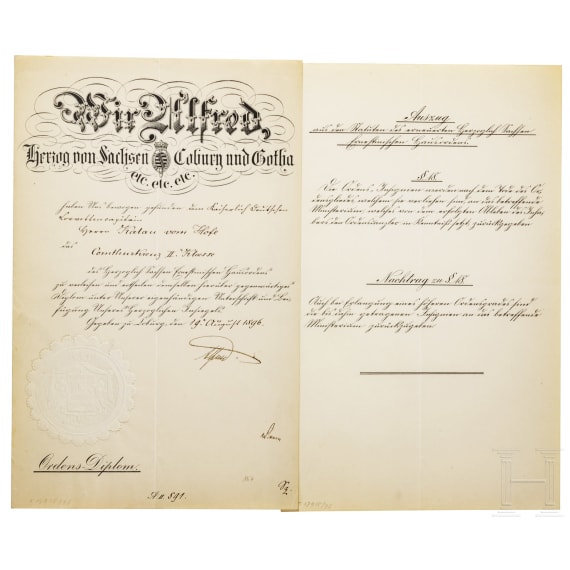 An award certificate for the Ernestine House Order, Commander's Cross 2nd Class, for Mr. Kalau vom Hofe, dated 1896