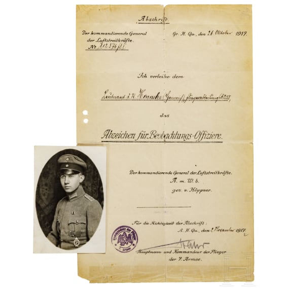 An award certificate for the Badge for Observation Officers in contemporary copy, dated 1917