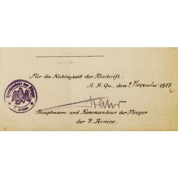 An award certificate for the Badge for Observation Officers in contemporary copy, dated 1917