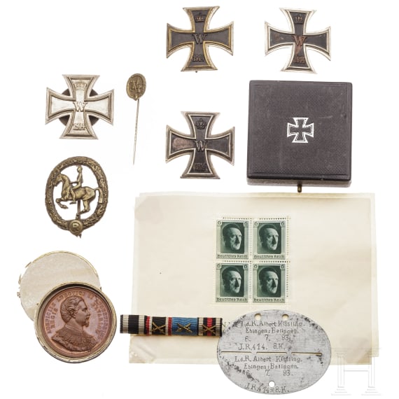 Estate Major Kissling - four Iron Crosses 1st Class 1914, a Horseman's Badge in bronze with stickpin, a bronze medal for the 300-year celebration Wuerzburg 1882 and a ribbon bar