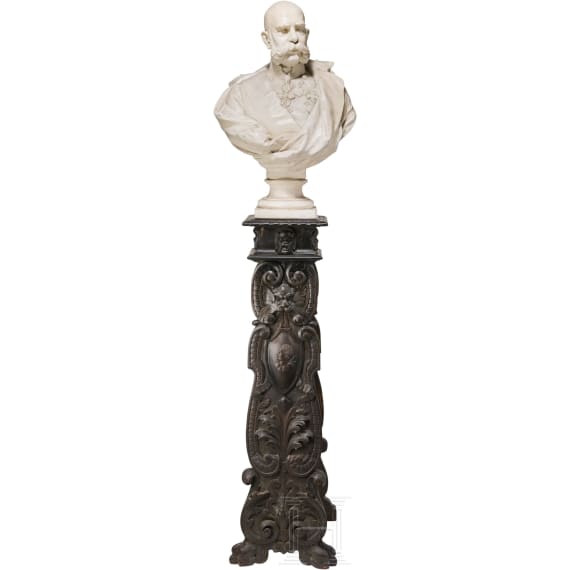 Emperor Franz Joseph I of Austria – a large plaster bust on a carved wooden stand