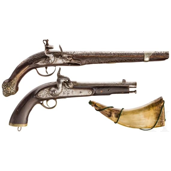 Two oriental pistols and a powder horn, Balkan Turkish or Afghanistan, 19th century.