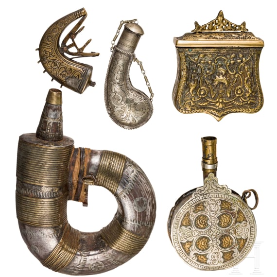 Five Persian and Ottoman powder flasks, 18th/19th century
