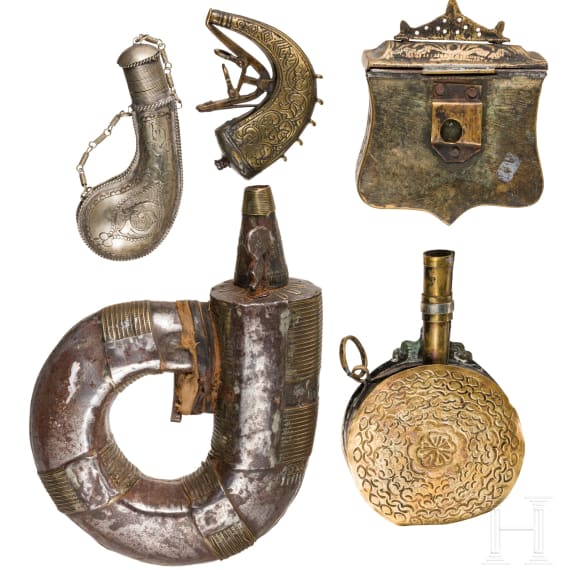Five Persian and Ottoman powder flasks, 18th/19th century