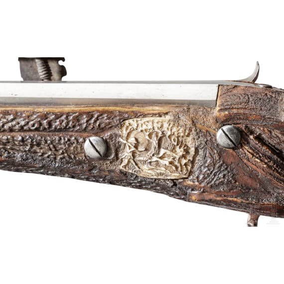 A wheellock rifle with staghorn stock, a historicism reproduction composed of original parts