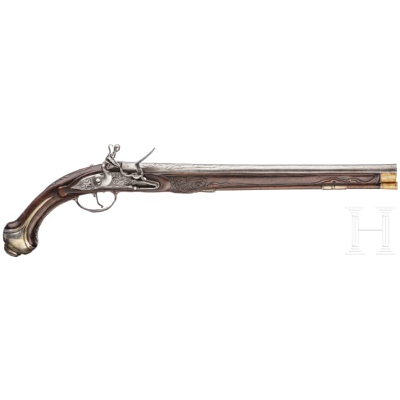 A Flemish silver-mounted long flintlock pistol, circa 1740