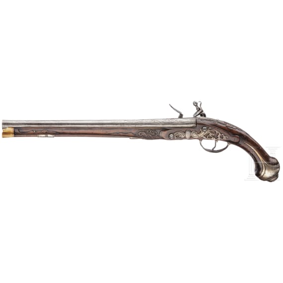 A Flemish silver-mounted long flintlock pistol, circa 1740