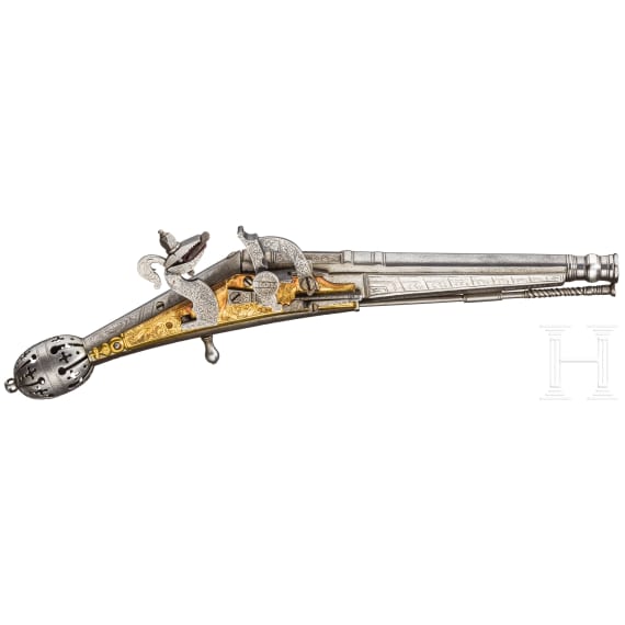 A full-metal snaphaunce lock pistol, modern collector's replica in the style of the 17th century