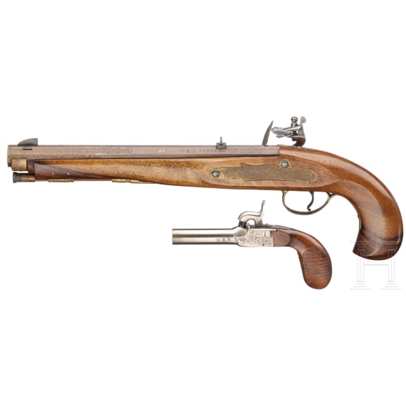 A flintlock pistol and a percussion pocket pistol, collector's replicas in the style of the 18th/19th century.