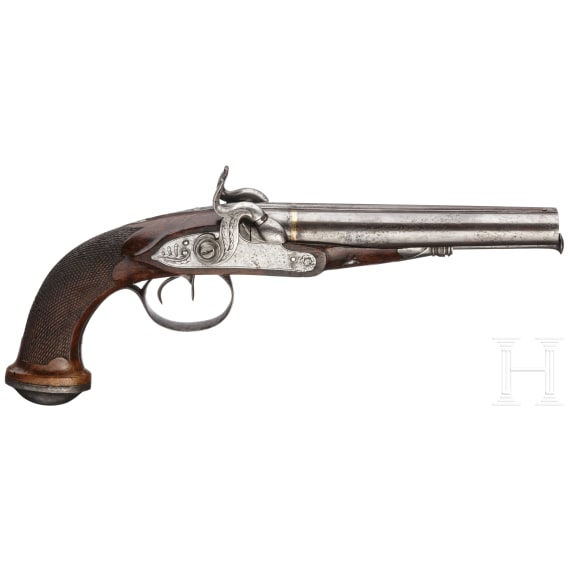 A French double-barrelled percussion pistol, circa 1830