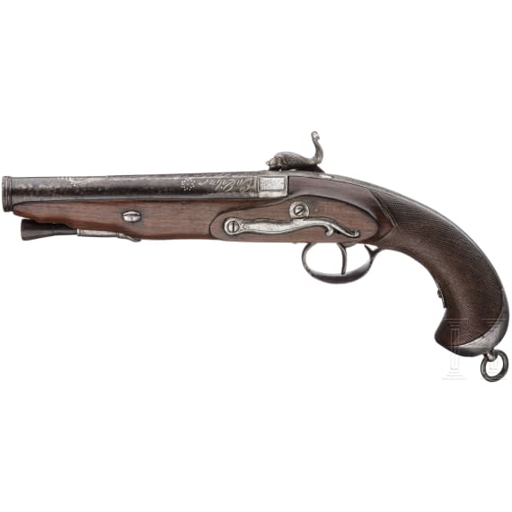 A percussion pistol by Pedro Jose Aguirre, Eibar, dated 1834