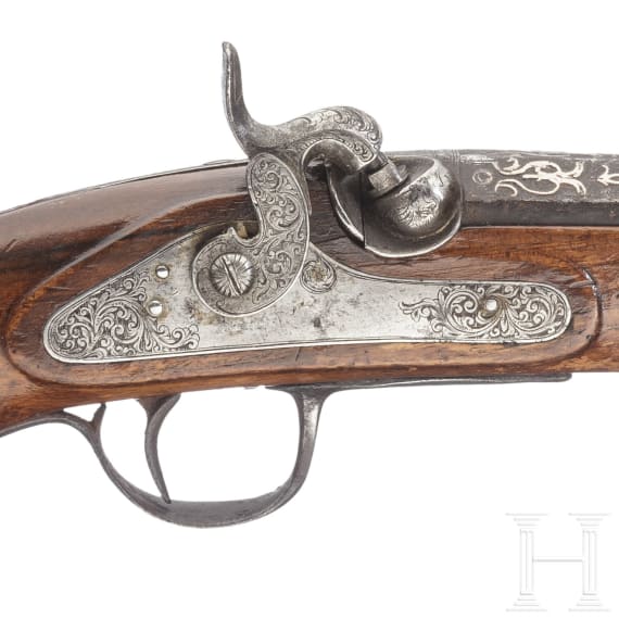 A percussion pistol with silver inlaid Ottoman barrel, mid-19th century
