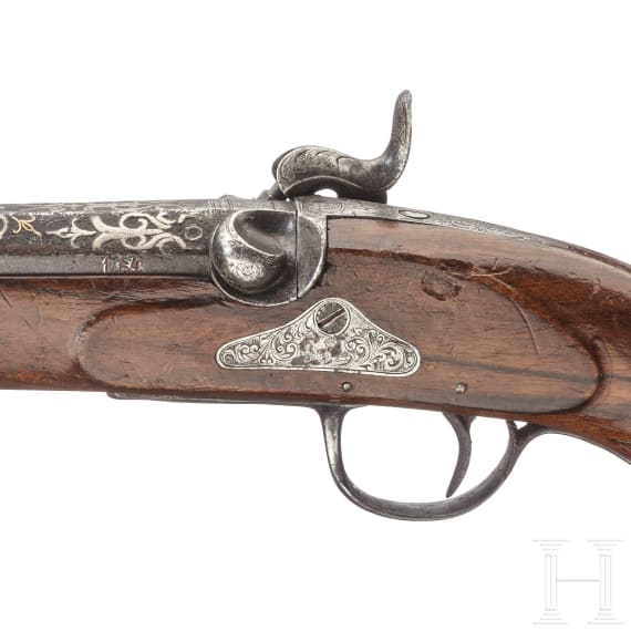 A percussion pistol with silver inlaid Ottoman barrel, mid-19th century