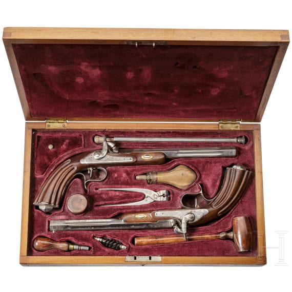 A pair of cased reproduction percussion pistols, Spain, circa 1980