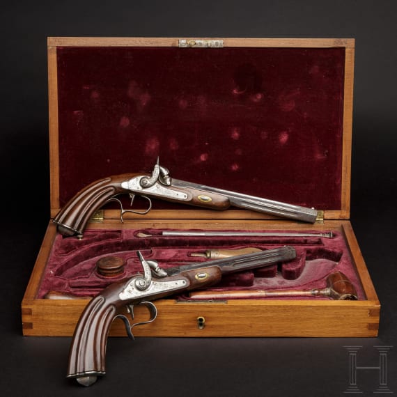 A pair of cased reproduction percussion pistols, Spain, circa 1980