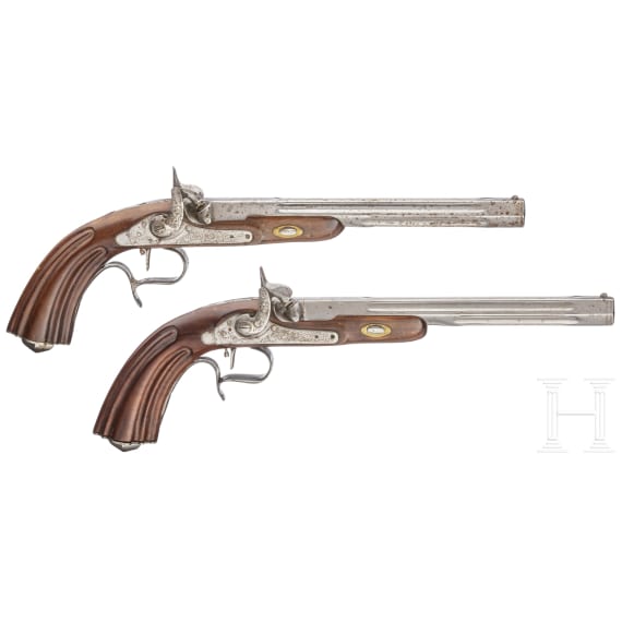 A pair of cased reproduction percussion pistols, Spain, circa 1980