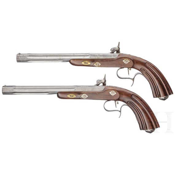 A pair of cased reproduction percussion pistols, Spain, circa 1980