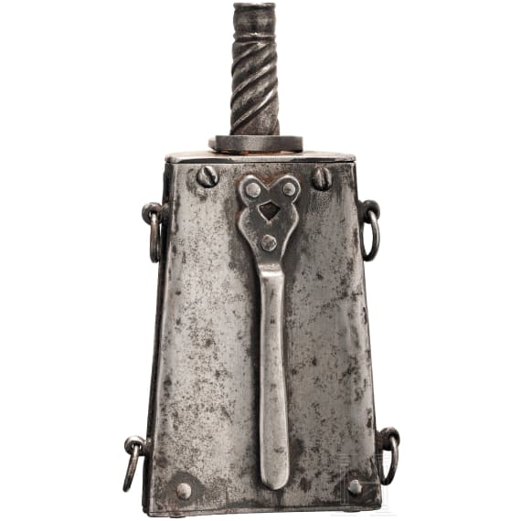 A chiselled all-metal powder flask, Brescia, 17th century