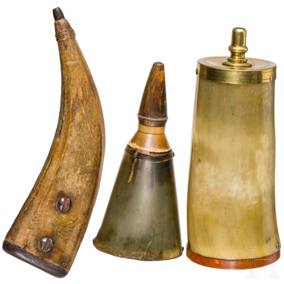 Three German powder flasks, 18th century