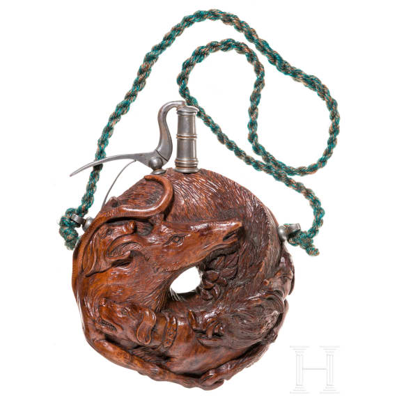 A carved wooden powder flask in Michael Maucher style, Germany, ca. 1900