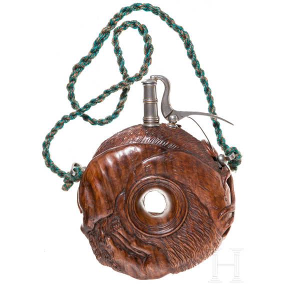 A carved wooden powder flask in Michael Maucher style, Germany, ca. 1900