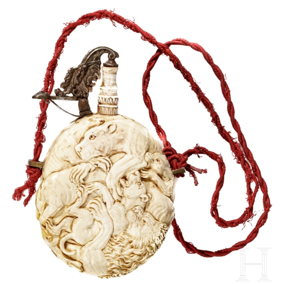 An ivory powderflask, Victorian in the style of the 16th century