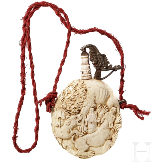 An ivory powderflask, Victorian in the style of the 16th century