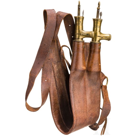 A shot bag with a dual-powder measuring cup for a double-barreled hunting shotgun, 19th century