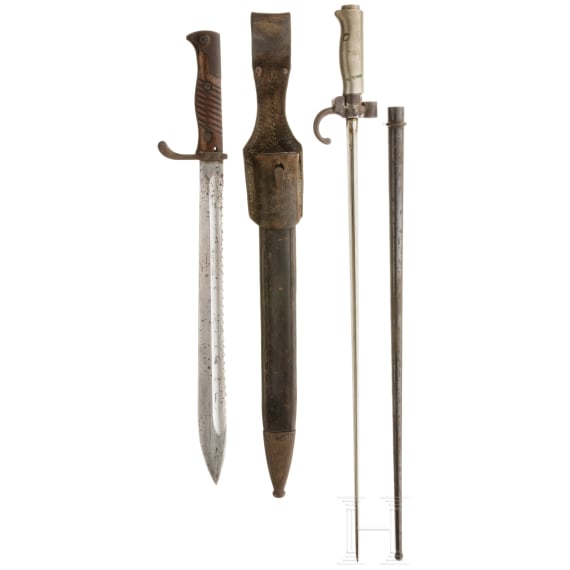 A German sidearm M 98/05 with saw back, and a French bayonet