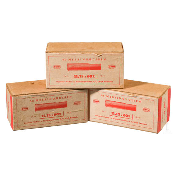 Three Cardbord-Boxes by DWM with 50 cases each of 11 mm Mauser M 71