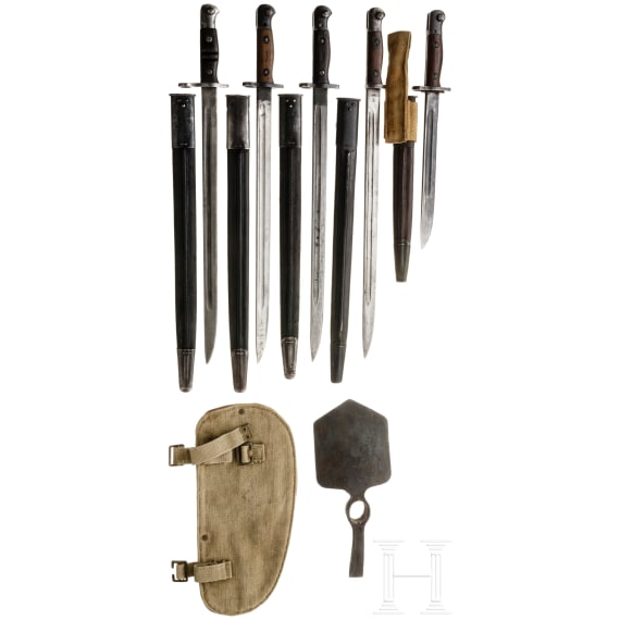 Five British bayonets and a field hoe, 1900 - 1945