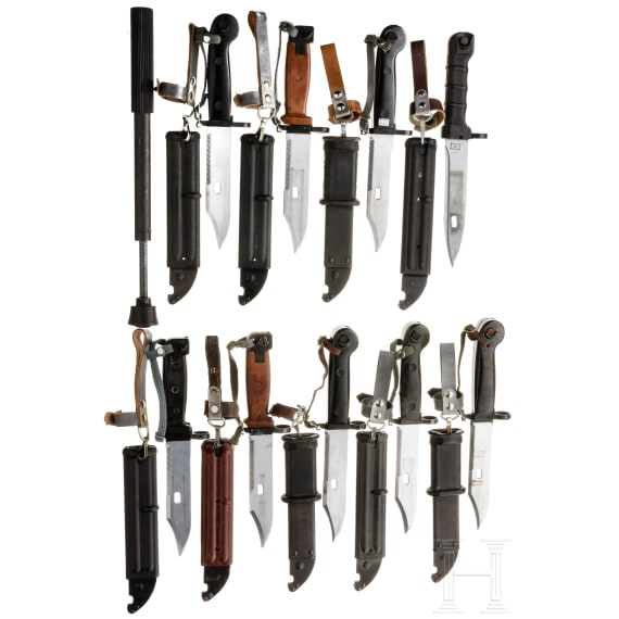Nine Kalashnikov bayonets and a training device, GDR/Soviet Union, 2nd half 20th century