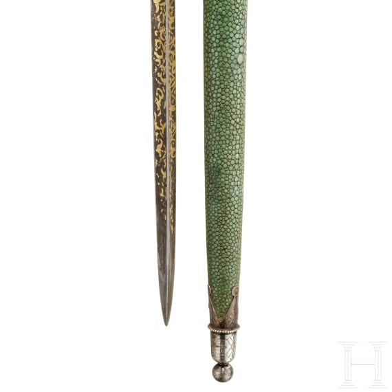 An Ottoman gold-inlaid and silver-mounted triangular dagger, 19th century