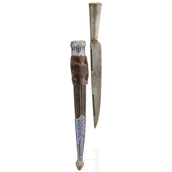 An all-metal kard with silver-mounted enameled scabbard, Bukhara, 19th century