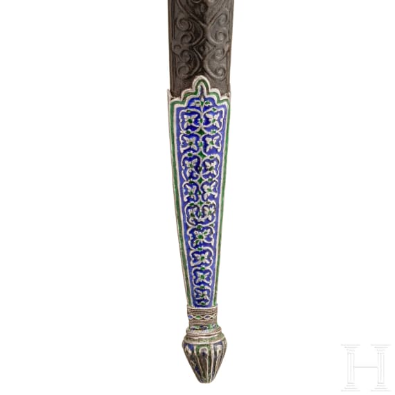 An all-metal kard with silver-mounted enameled scabbard, Bukhara, 19th century