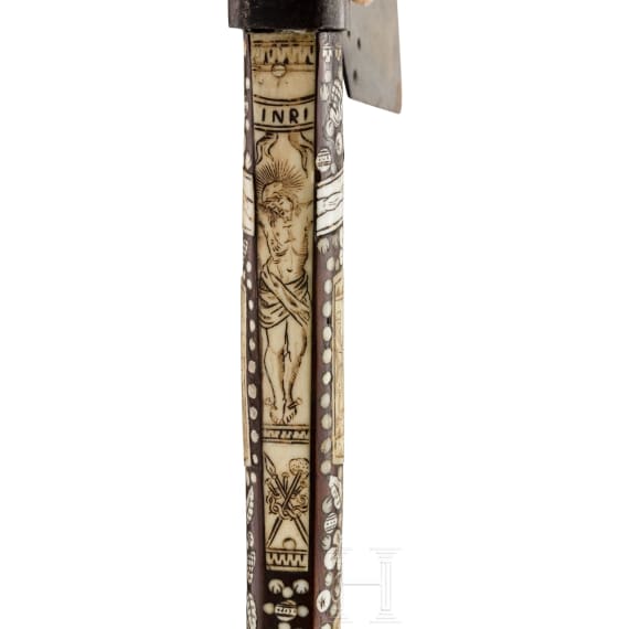 A Saxon bone-inlaid miner's axe, dated 1673