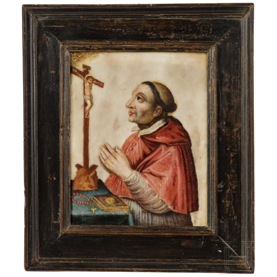 An Italian painting of a saint on marble, 17th century