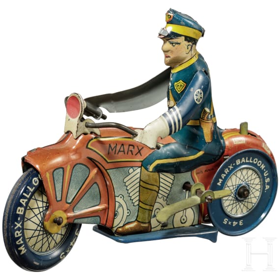 Polizei-Motorradfahrer von Marx Toys mit Aufziehschlüssel