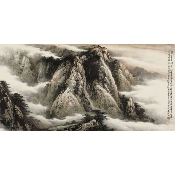 Shi Yunxiang - Landschaftsszene mit Bergen und Wolken, China