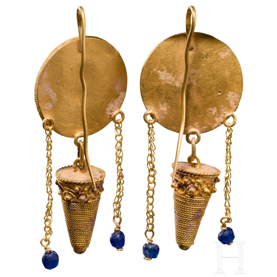 A pair of highly ornate, heavy Hellenistic gold earrings, 2nd half of the 4th – 2nd century B.C.