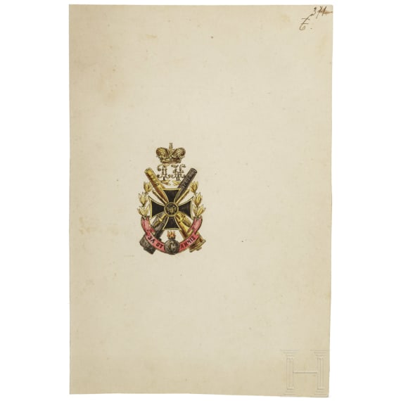 Handgemaltes Projekt des Jetons des Leibgarde-Kosaken-Regiments Seiner Kaiserlichen Majestät, Russland, datiert 1914