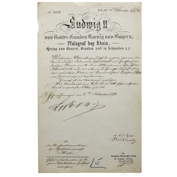 King Ludwig II of Bavaria - an autograph, dated 2.2.1874