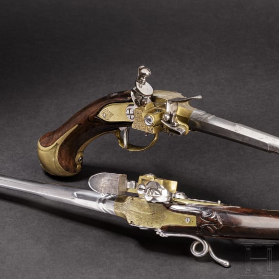 Ein Paar seltene Steinschloss-Repetierpistolen, Emanuel Wetschgin in Augsburg, um 1715