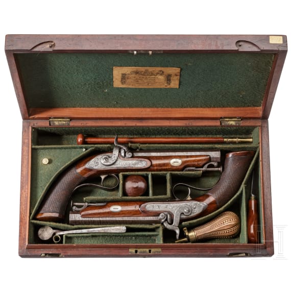 Ein Paar Perkussionspistolen im Kasten, T. Perrins, Windsor, um 1850