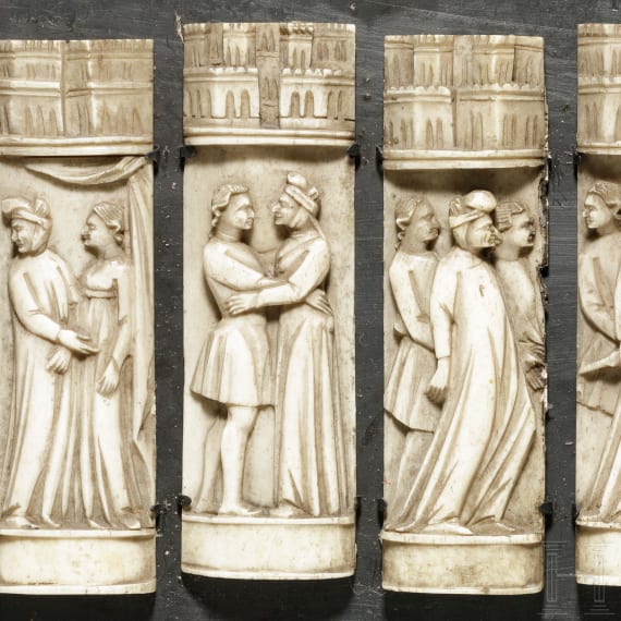 Set von sechs geschnitzten Bildpaneelen eines Embriachi-Kästchens, Venedig, 1. Hälfte 15. Jhdt.