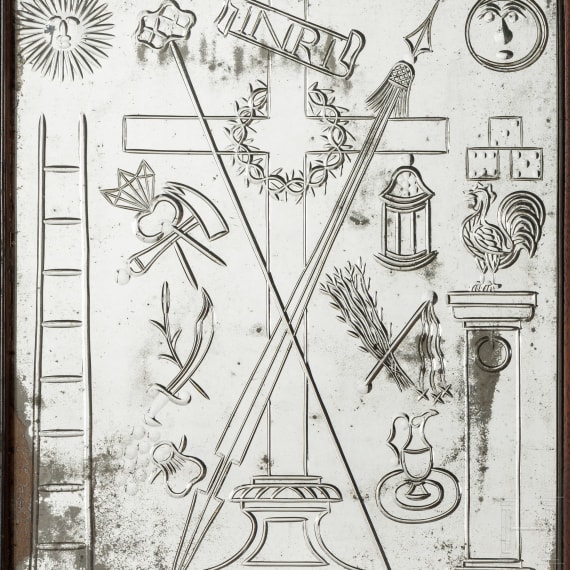 Glasbild mit den Arma Christi, sog. "Nonnenspiegel", Frankreich, 19. Jhdt.