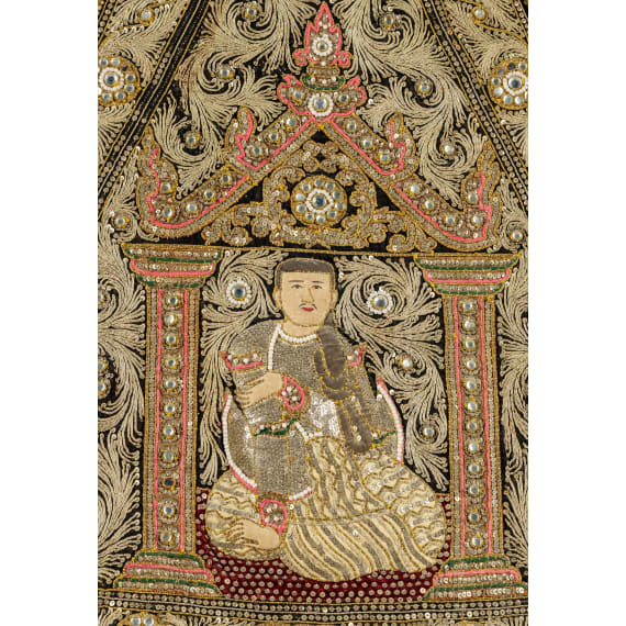 Feines Kalaga-Seidenstickerei-Bildnis eines Prinzen, Birma, Ende 19. Jhdt.